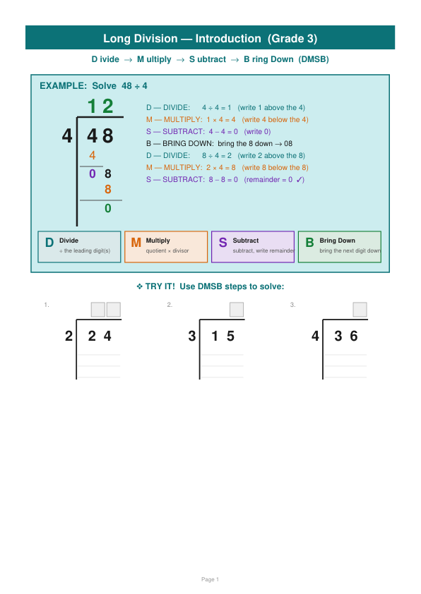 Длинное деление — рабочие листы Grade 3 (введение)