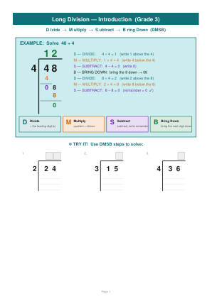 Длинное деление — рабочие листы Grade 3 (введение) — 1 / 20