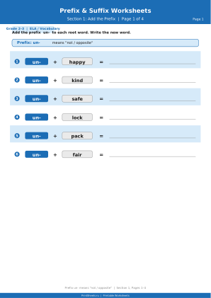 Приставки и суффиксы — рабочие листы Grade 2-3 — 1 / 17