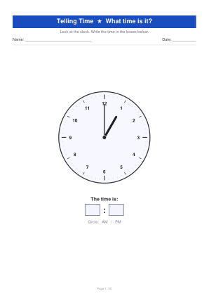Telling Time Worksheets — Grade 1–2 — 1 / 30