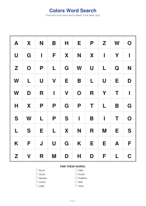 Wortsuche: Farben — Klasse 1–2 — 1 / 40